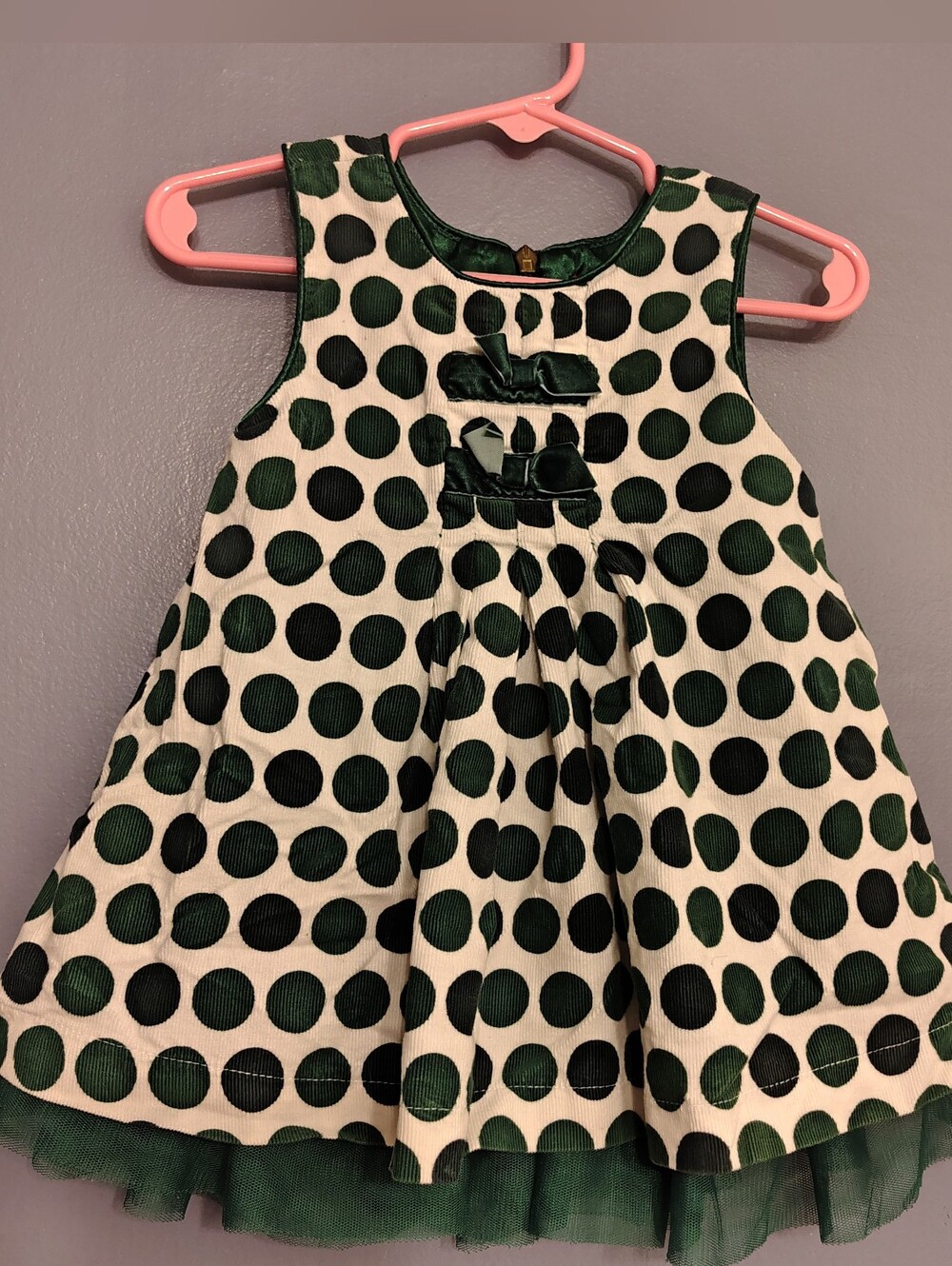 Children's Place Baby Girl Corduroy Green Polka Dot Dress Bow size 12m